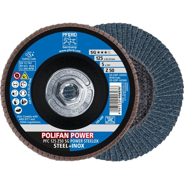Pferd Flap Disc, 5''x5/8-11, Z SG POWER STEELOX, 50 Grit, T29, Conical, Zirconia 64560 - main